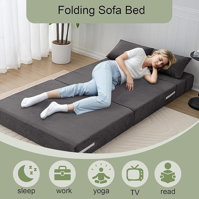 MeMoreCool Boneless Folding Sofa Bed, Corduroy Convertible Sleeper Chair, Foldable Foam Mattress Chair, Comfy Fold‑Out Futon Couch Bed, Large Floor Sofa Couch for Living‑Room Guest