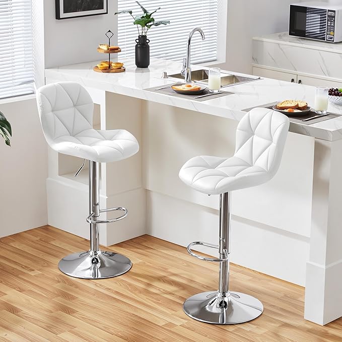 Yaheetech Bar Stools Set of 4, Adjustable PU Leather Swivel Barstools, Modern Counter Stools with Back and Footrest, Counter Height Barstools for Bar, Kitchen, Dining Room, White