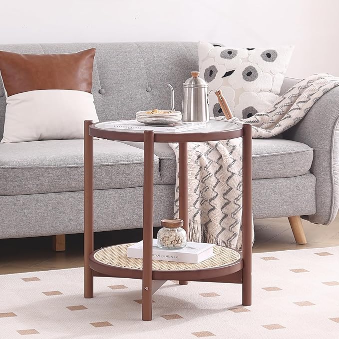 Tiita Rattan Coffee Table, Round End Table, 2-Tier Modern Side Table, Small Bamboo Living Room Side Table, Glass Sofa End Table for Balcony and Office Outdoor/Indoor (Walnut)