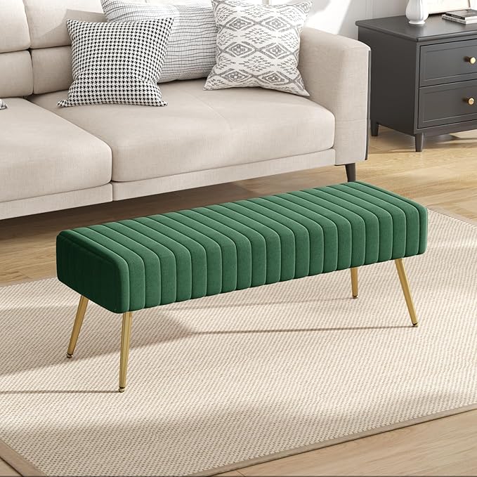 Furniliving 44 Inch Entryway Benches, Upholstered Tufted Striped Fabric Ottoman Bench with Polished Gold Metal Legs for Living Room, Solid Wood Indoor Bench for Foyer (DarkGreen)
