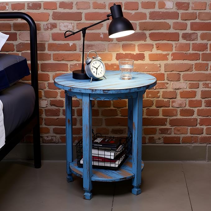 Rustic Cottage Round End Table w/ 1 Shelf - 25 in. W x 20 in. D x 24 in. H - Distressed Blue - Assembly Required - Select Hardwoods with Wood - Living Room Furniture - Solid Wood
