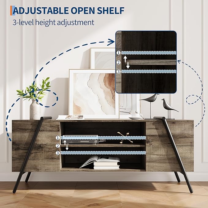 TV Stand for 65 60 55 50 Inch TV, 55" Mid Century Modern Entertainment Center with Adjustable Open Shelves & Metal Legs, Industrial Media Console Table for Living Room, Oak