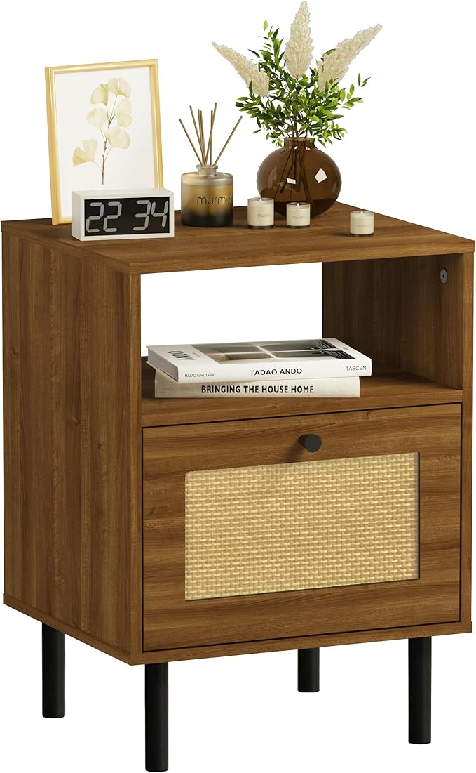 Rattan Nightstand with Storage Boho Modern Farmhouse Bedside Table with Drawer & Open Shelf Light Wood End Table for Bedroom, Living Room, Office, Dorm - Natural Walnut 0ak Color