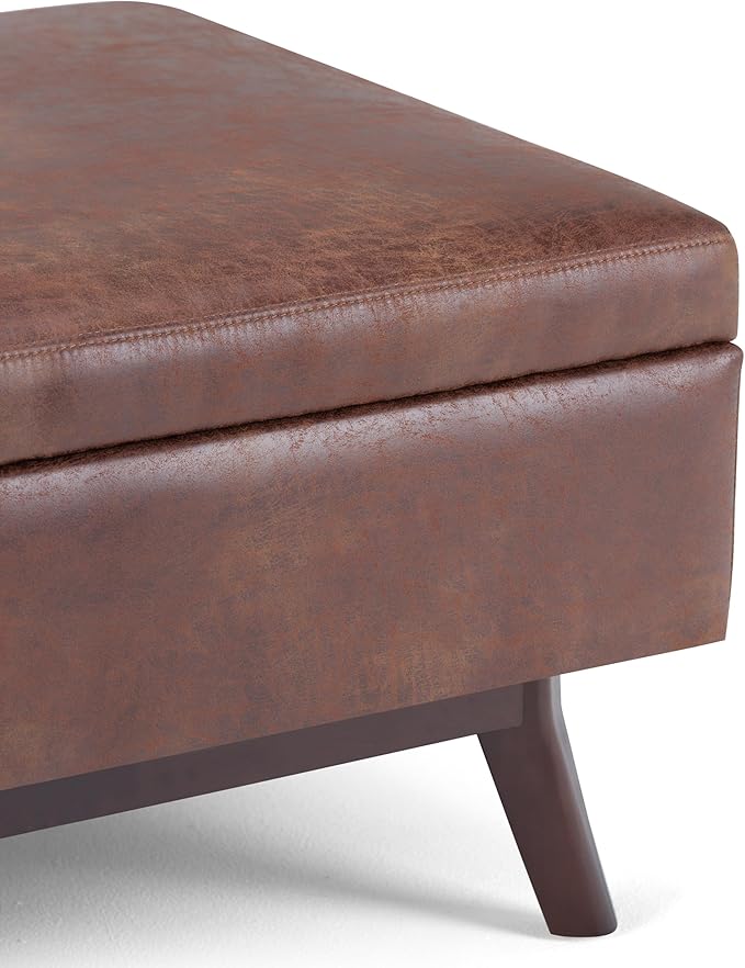 SIMPLIHOME Owen 34 inch Wide Mid Century Modern Rectangle Coffee Table Storage Ottoman in Distressed Saddle Brown Vegan Faux Leather, Assembled, For the Living Room, Entryway and Family Room