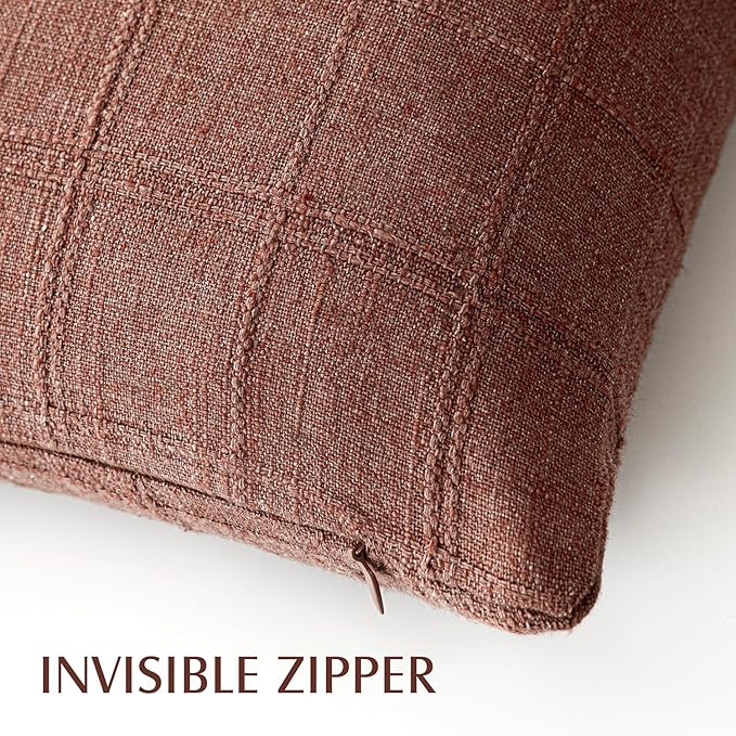 Foindtower Set of 2 Decorative Linen Check Throw Pillow Covers Neutral Farmhouse Vintage Cushion Covers Modern Boho Home Decor for Sofa Chair Couch Bedroom Living Room Outdoor,24×24 Inch,Autumnal Red