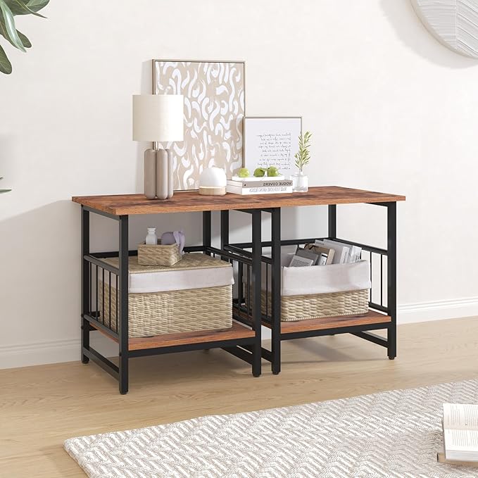 Industrial Night Stand, 18” Square Side Table with Open Storage Shelf, Bedside End Table for Bedroom, Heavy Duty Stand for Mini Fridge for Dorm, Kitchen Room, Rustic Brown