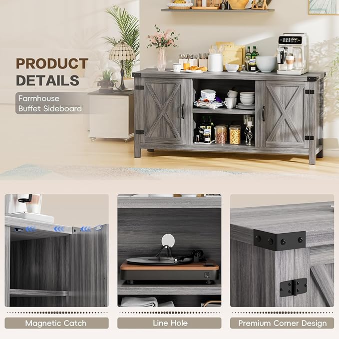 YESHOMY Farmhouse Buffet & Sideboard, 58" Kitchen Storage Cabinet with Adjustable Shelves & Doors, Wood Coffee Bar for Living Room, Entryway, Gray Washed