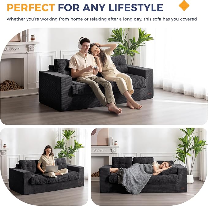 MAXYOYO 3 Seater Couch for Living Room, Boneless Couch with Tufted Cushion & Backrest, Upholstered Floor Sofa with Armrests, Sofa in A Box, No Assembly Required, Black