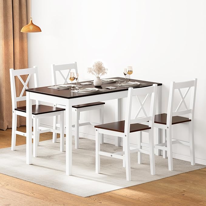 soges Kitchen Dining Table Chairs Set for 4, 42.5 inch Pine Wood Dining Room Table with 4 Chairs, 5-Piece Kitchen Table Chairs Set for Small Space, Apartment, Dinette, Breakfast, Walnut & White