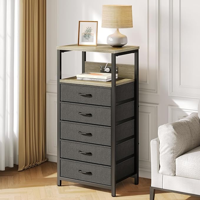Seventable Night Stand with Charging Station, Tall Nightstand with 5 Fabric Storage Drawers, Side Table with LED Light for Bedroom, Entryway, Greige