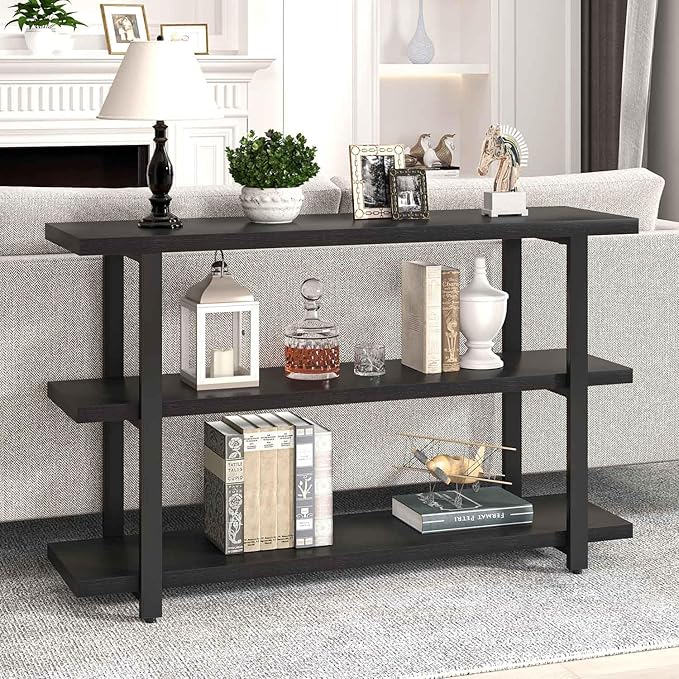 FOLUBAN Black Entryway Table, Modern Console Tables with 3 Tier Storage Shelves for Living Room, Wood and Metal Sofa Table for Hallway, Entrance, or Behind Couch, 47 Inch
