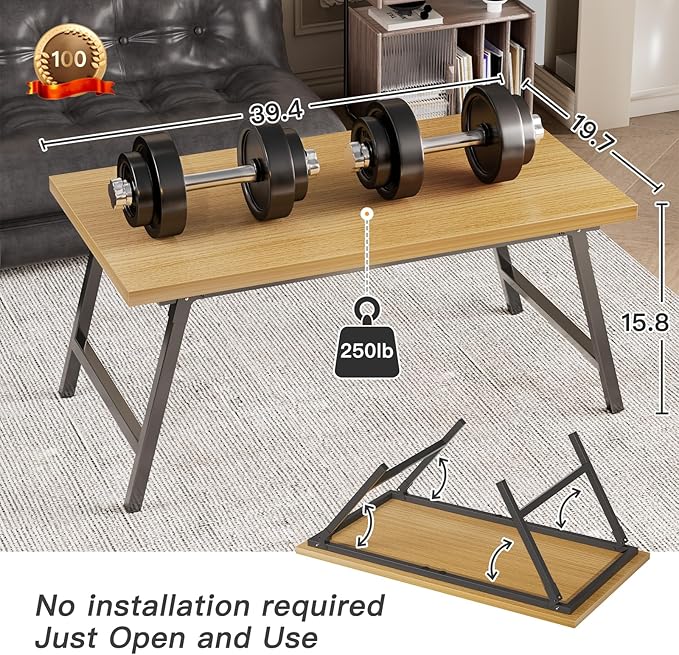 Folding Coffee Table, Portable Floor Table Desk for Sitting on The Floor, No Assembly Low Coffee Table for Living Room, Home, Caravan and Camping Use, Natural Wood, 39.4Lx19.7Wx15.8H