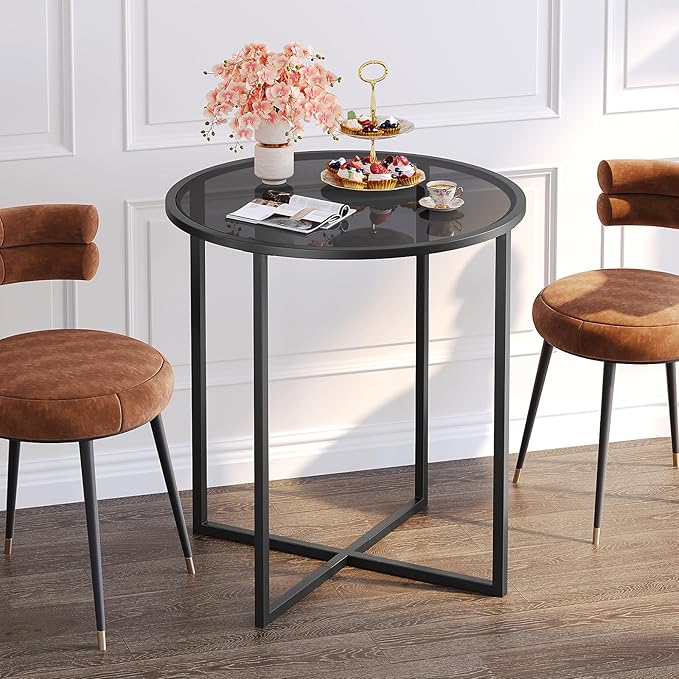 SAYGOER Small Round Dining Table for 2,Glass Circle Kitchen Dinner Table,26.7'' Multifuntional Modern Desk for Dining Room,Office,Kitchen,Apartment,Easy Assembly, All Black