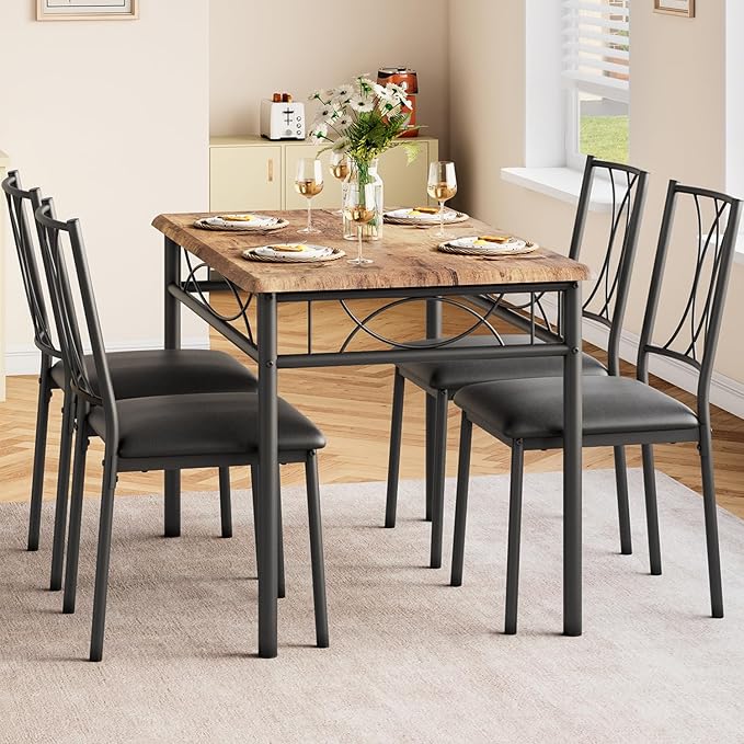 IDEALHOUSE Dining Table Set for 4, 5 Piece Dining Table Set with 4 Upholstered Chairs, Rectangular Dining Room Table Set of 4 for Small Space, Apartment, Retro Brown