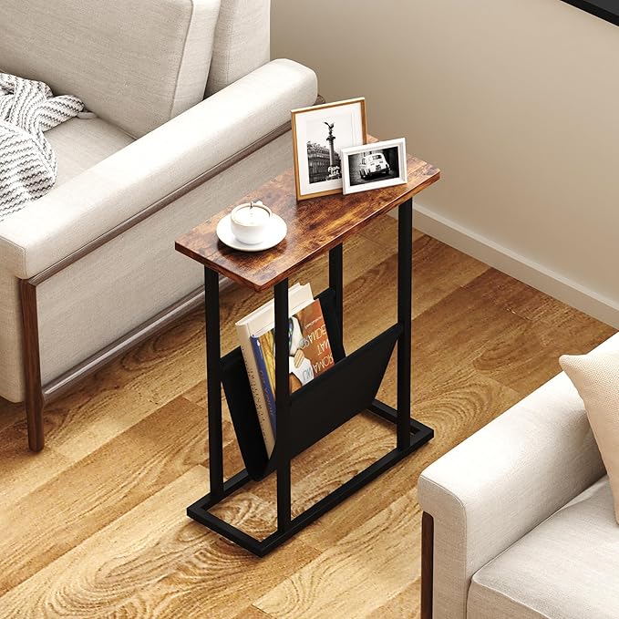 Narrow Side Table for Small Spaces, Small End Table with Magazine Holder, Skinny Slim Little Thin Table for Living Room, Bedroom, Sofa, Rustic Brown