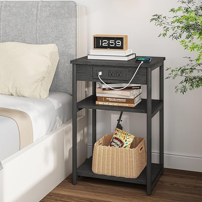 TUTOTAK End Table with Charging Station, Nightstand, 3-Tier Couch Side Table with USB Ports and Outlets, Bedside Table for Small Space, Living Room TB01BK026