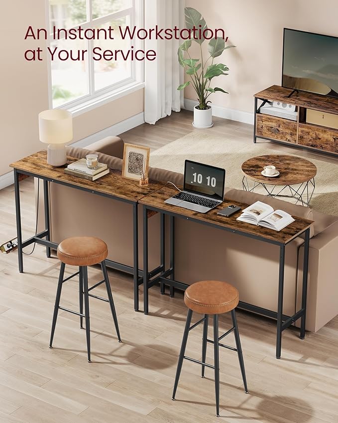 VASAGLE Bar Table, Narrow Long Kitchen Dining Table with Charging Station, Sturdy Metal Frame, Industrial, 15.7 x 47.2 x 35.4 Inches, Rustic Brown and Ink Black ULBT121K01
