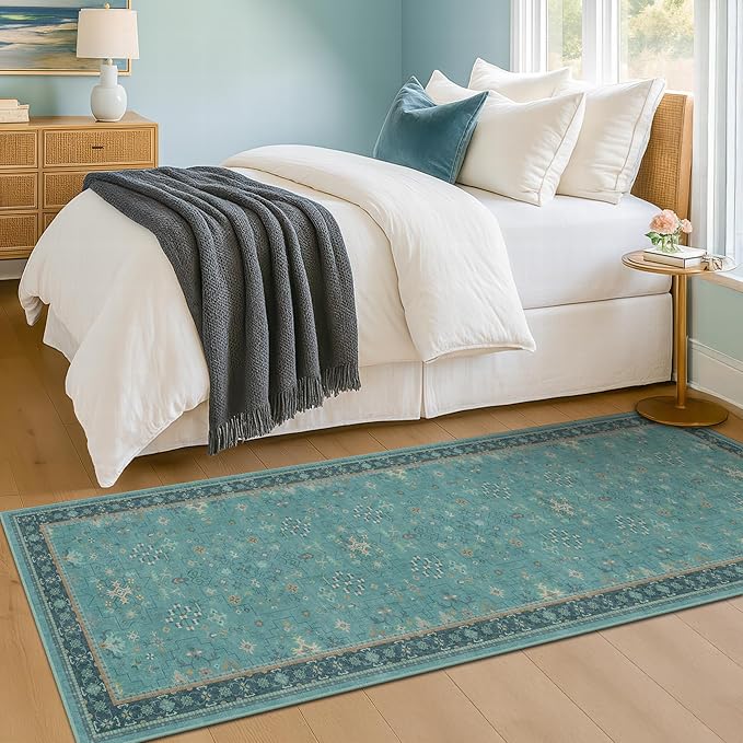 Boho 2x6 Non Slip Kitchen Rug Runner - Teal Washable Rug for Bathroom, Laundry Room, Hallway, Non Slip with Rubber Backing, Floral Aqua Blue Unique Runner Décor