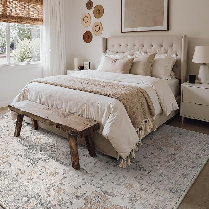 GENIMO 7'6''x9'6'' Area Rugs for Living Room, Machine Washable Rugs, Low Pile Non Slip Vintage Rug for Bedroom, Dining Room, Home Office, Light Taupe Brown