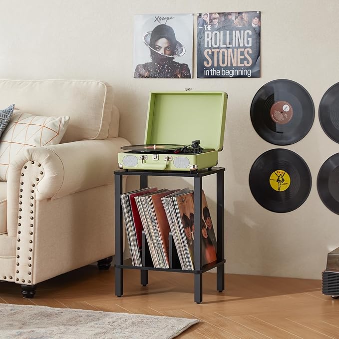 LELELINKY 2-Tier Record Player Stand with Vinyl Record Storage up to 100 Albums, Bedroom Record Holder and Multi-Functional End Table for Living Room, Black