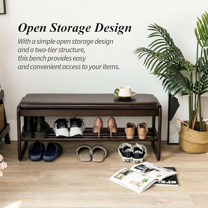 Shoe Bench, Entryway Bench with Leather Cushion, Solid Wood Shoe Rack, Mid Century Modern Bench, Shoe Storage, Shoe Organizer for Entryway (Brown, 39.4" W)