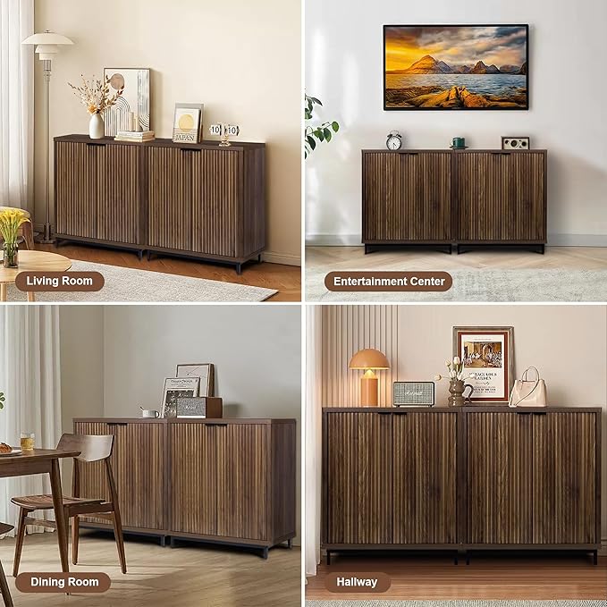Buffet Cabinet with Storage Accent Sideboard Modern Credenza with 2 Doors & 3 Shelves Fluted Media Console for Living Room Kitchen Dining Room Hallway (Walnut)