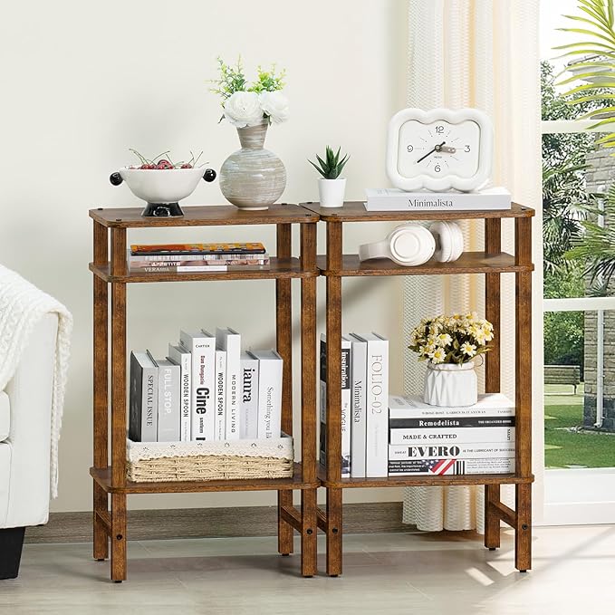 28in Tall Side Table Set of 2, 3-Tier Small Narrow End Table for Couch, Skinny Nightstand for Small Space, Farmhouse Slim Night Stand with Storage, Wooden Frame Thin Bedside Table, Brown
