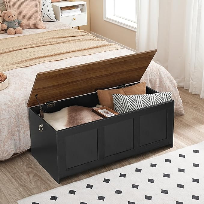 HOOBRO Storage Bench, 39.3" Retro Wooden Storage Chest, Wooden Storage Trunk, Toy Chest with Lift Top, Multifunctional Entryway Organizer, for Entryway, Living Room, Black and Walnut BH141CW01