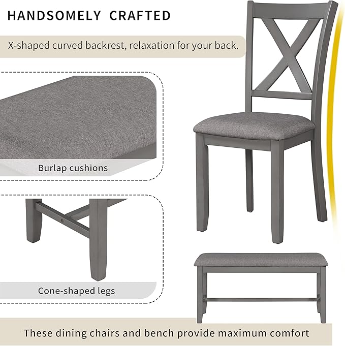 Ball & Cast 6 Piece Dining Table Set with 4 "X-Shaped Curved Backres Fabric Chairs & 1 Bench,Living Room Furniture W/ 60" Rectangle Kitchen Desk,for Restaurant,Home Bistro,Gray