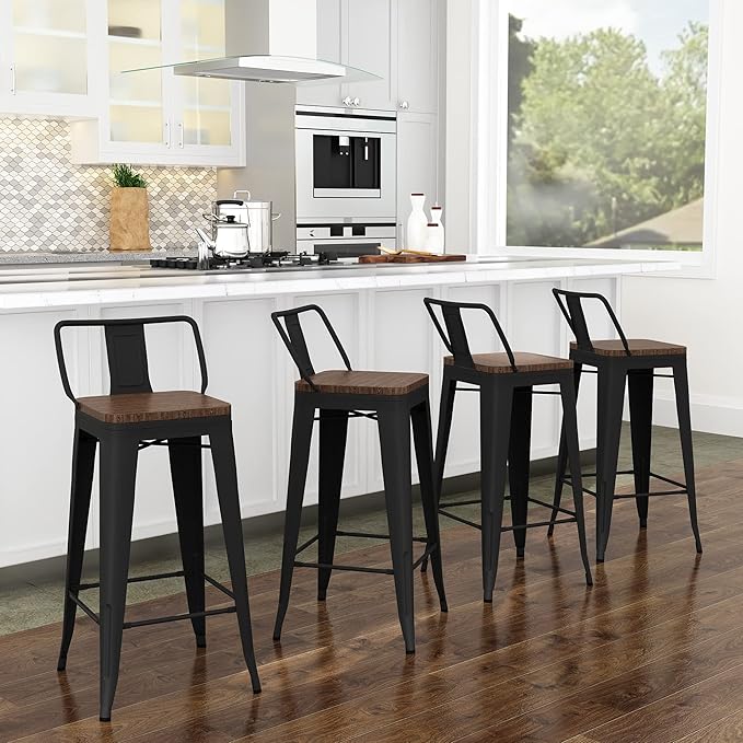 Yongchuang 24" Metal Barstools Set of 4 Counter Bar Stools with Wood Top Low Back Matte Black