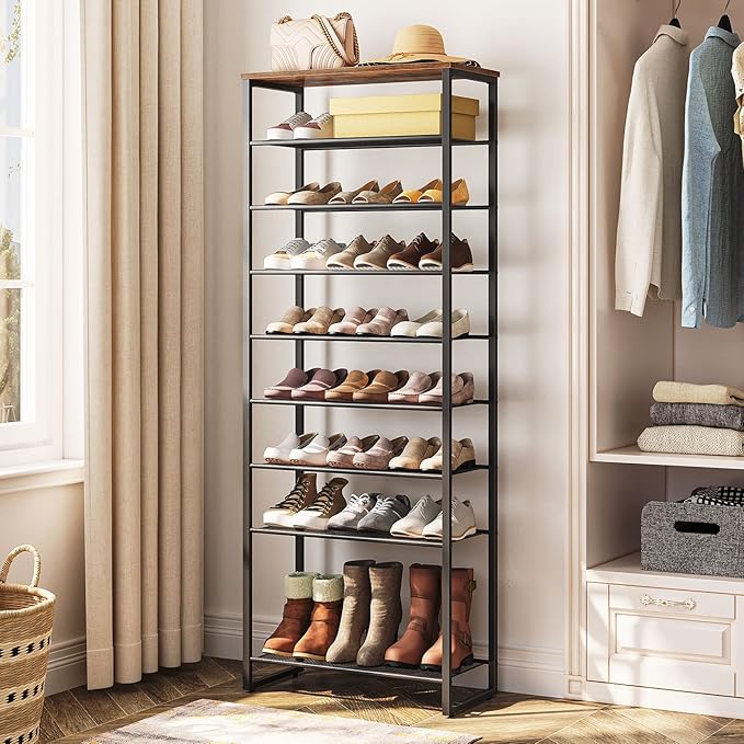 HOOBRO 10-Tier Shoe Rack, 23.6" L Shoe Storage Organizer, Large Capacity Shoe Shelf for Front Door Entrance, Entryway, Hallway, Holds 27-30 Pairs of Shoes, Closet, Rustic Brown BF601XJ01