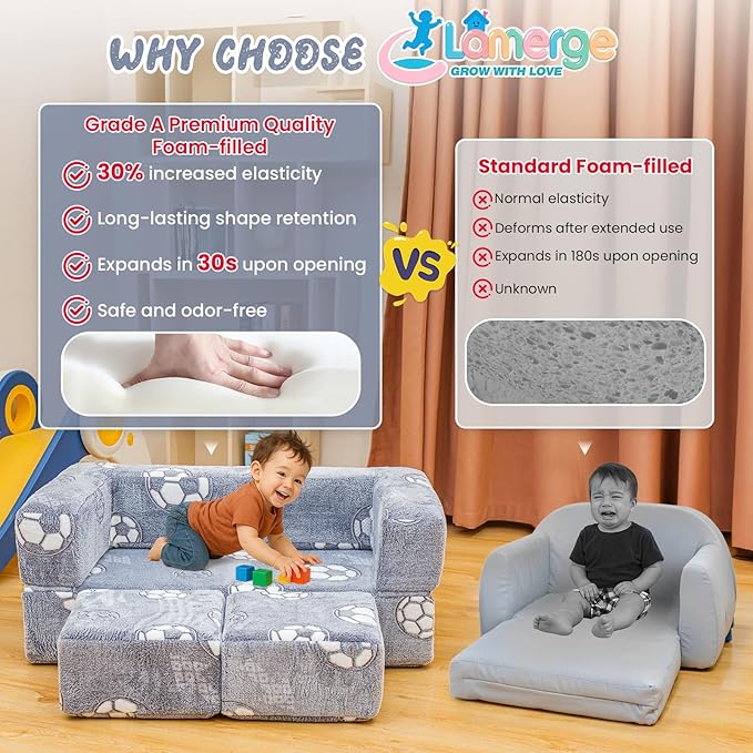 Lamerge Toddler Couch Glow in The Dark Toddler Fold Out Couch for playroom, Convertible Baby Fold Out Play Foam and Floor Cushion for Bedroom (Grey+Football)