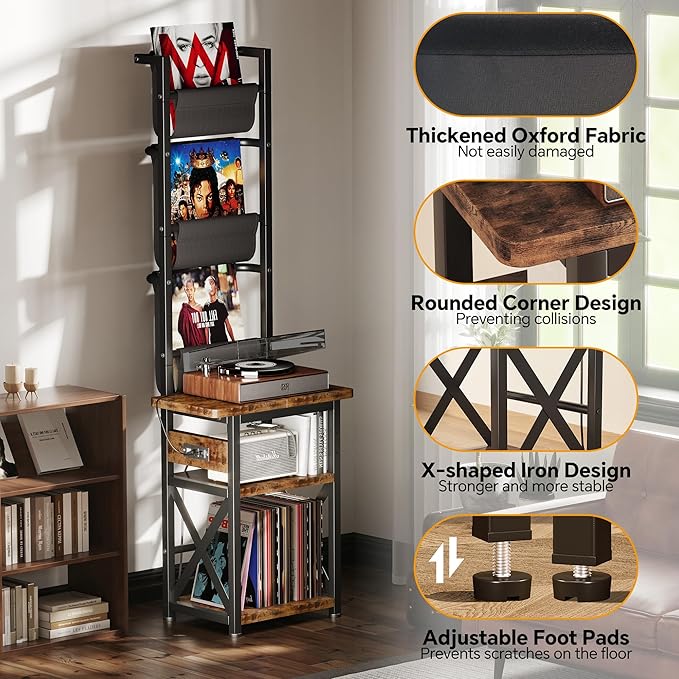 Record Player Stand with Power Outlet, 6 Tier Vinyl Record Display Shelf, Record Player Table with album storage up to 200 Albums, Console Organizer Display Shelf, Gifts for Music Lovers
