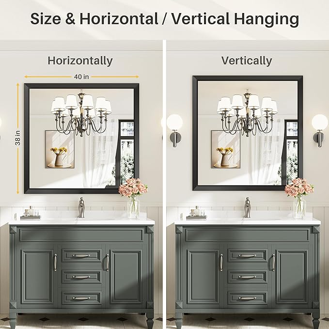 40x38 Inch Black Bathroom Mirror for Wall, Thick Metal Framed Rectangle Mirrors for Over Sink, Bedroom, Living Room, Entryway, Anti-Rust, HD Tempered Glass