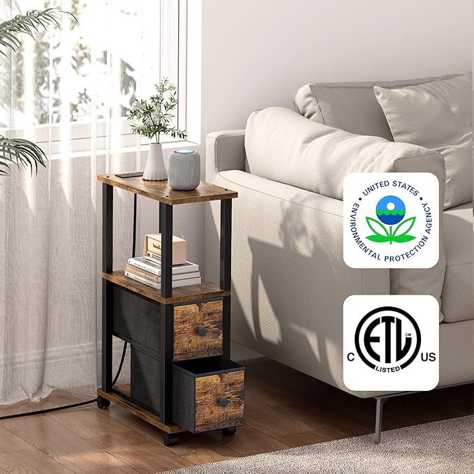 TUTOTAK Small Narrow End Tables, LED Side Tables with 2 Fabric Drawers, Set of 2, Bedside Tables with Charging Station for Small Spaces, Slim Nightstands with USB Ports and Wheels, TB01BB053CL