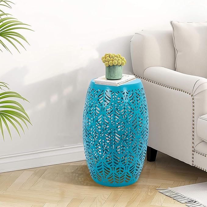 HPC Decor Outdoor Side Table - 18.3" Tall Iron Side Table with Waterproof Solar Powered Light, Cutout Blue End Table,Small Patio Side Table for Outside,Backyard, Pool, Indoor,Decorative Garden Stool.