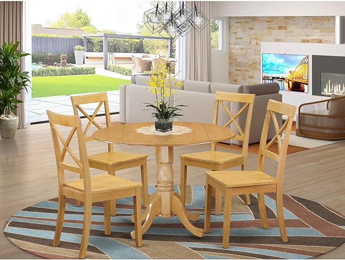 East West Furniture DLBO5-OAK-W 5 Piece Dining Set Includes a Round Dining Room Table with Dropleaf and 4 Kitchen Chairs, 42x42 Inch, Oak