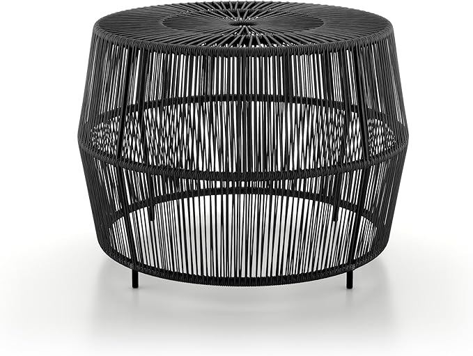 Muse & Lounge Co. Ysar Boho Rattan Round Coffee Table Outdoor with Metal Frame, All-Weather and Rust Resistant, Handcrafted Coastal Furniture for Patio, Poolside, Garden, Yard, Black