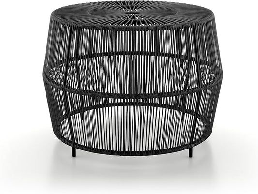 Muse & Lounge Co. Ysar Boho Rattan Round Coffee Table Outdoor with Metal Frame, All-Weather and Rust Resistant, Handcrafted Coastal Furniture for Patio, Poolside, Garden, Yard, Black