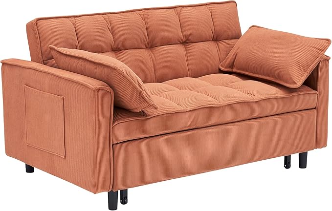 Ball & Cast Convertible Sofa Bed,Loveseat Sleeper Sofa W/Pull-Out Bed,Convertible Pull Out Couch W/2 Pillows,Adjustable Backrest&Side Pocket,Corduroy Futon Couches for Living Room,Apartment,Orange,54"