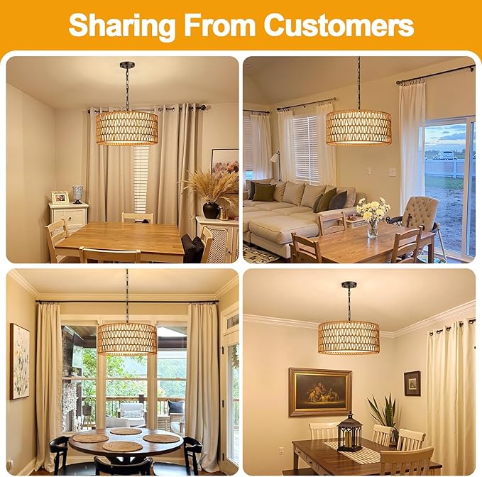 Farmhouse Chandeliers for Dining Room, Hand Woven 5-Light Rattan Pendant Light, Boho Rattan Chandelier with Linen Shade, Rustic Hanging Lighting for Bedroom and Kitchen Island (Bulb Not Included)