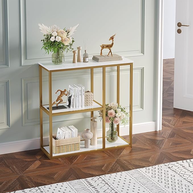WOHOMO Console Table, Small Entryway Table with Storage Shelves 12'' Narrow Sofa Table Modern Hallway Table for Living Room 31.5" x12''x31.5'' White and Gold
