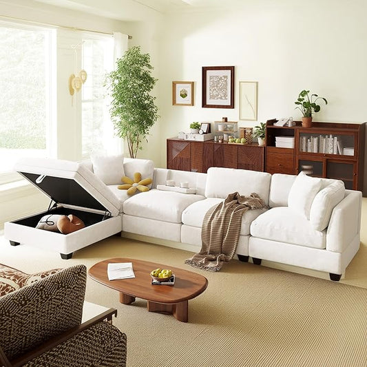 127.6 Inch 5-Seat Modular Convertible Sectional Sofa with Removable Storage Ottoman and 2 Hidden Cupholder, L-Shaped Upholstery Corner Couch for Living Room Apartment Office, Beige
