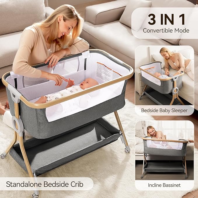 Larex Baby Bassinet Bedside Sleeper for Baby, Baby Crib Bed for Newborn Infant, Bedside Bassinet with Wheels, 5 Adjustable Height, Mosquito Net, Breathable Mattress and Mesh, Storage Basket and Bag