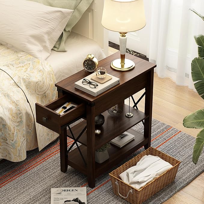 Narrow End Table with Charging Station - Farmhouse Slim Side Table Set of 2, w/USB Ports Power Outlets, Nightstand w/Flip Top Storage Drawer, for Small Spaces Living Room Bedroom, Walnut