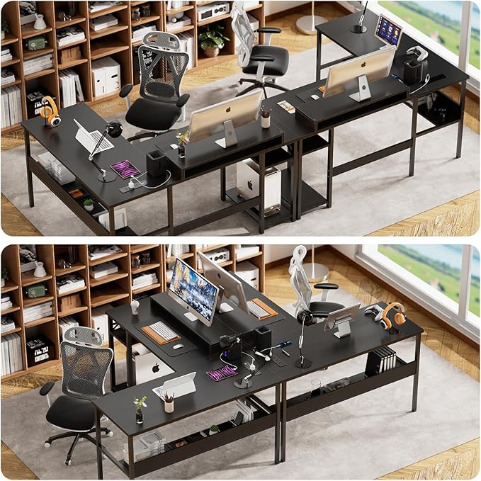 Unikito Reversible L Shaped Desk with Magic Power Outlets and Smart LED Light, Sturdy Corner Computer Desk with Monitor Stand & Storage Shelves, Gaming Table Home Office Desk, Easy Assembly, Black