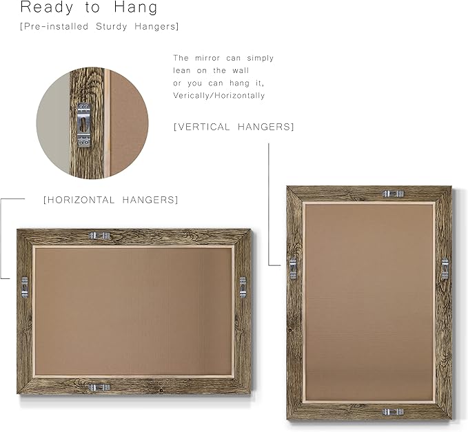 Walnut Vanity Mirror Rectangular Barnwood Framed Wall Mirror for Home Decor, Vertical or Horizontal Hanging, 41x29