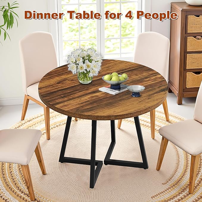 Round Dining Table for 4, 31.5-Inch Farmhouse Dinner Table Wooden Circle Kitchen Tables with Metal Base for Dining Room, Kitchen, Living Room, Brown