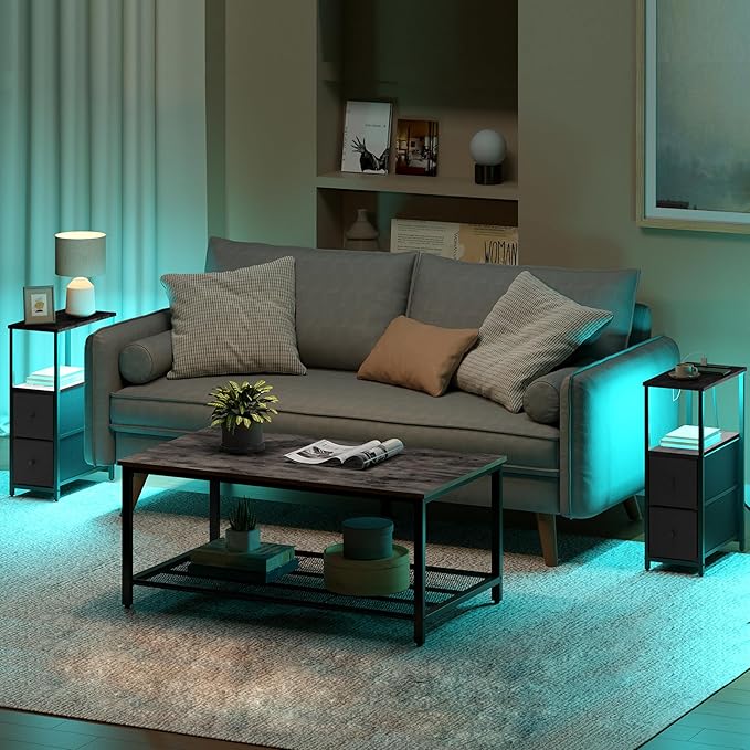 TUTOTAK Small Narrow LED End Table with Charging Station, Side Table Outlets, Nightstand with 2 Cloth Drawers, Set of 2, Couch Table, for Living Room, Bedroom, Bedside, Black TB01BK056
