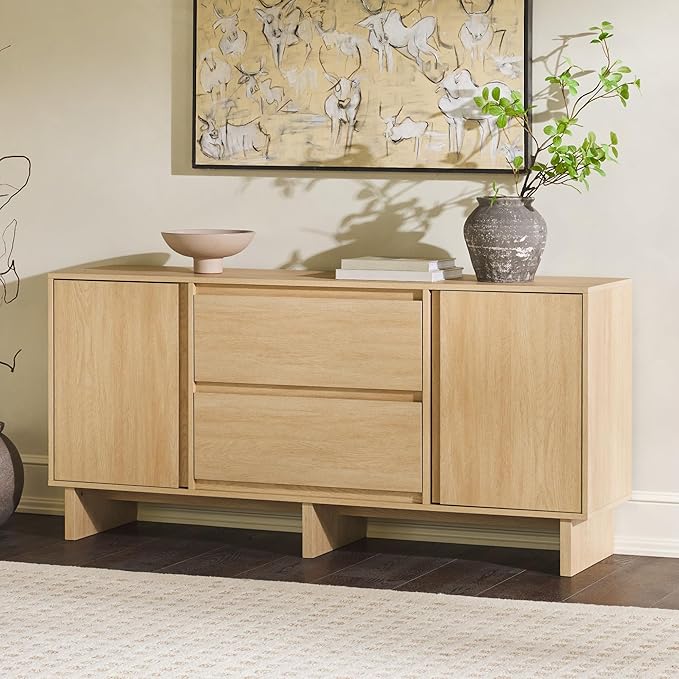 Walker Edison Modern Beveled 2-Door, 2-Drawer Sideboard, 63 Inch, Coastal Oak